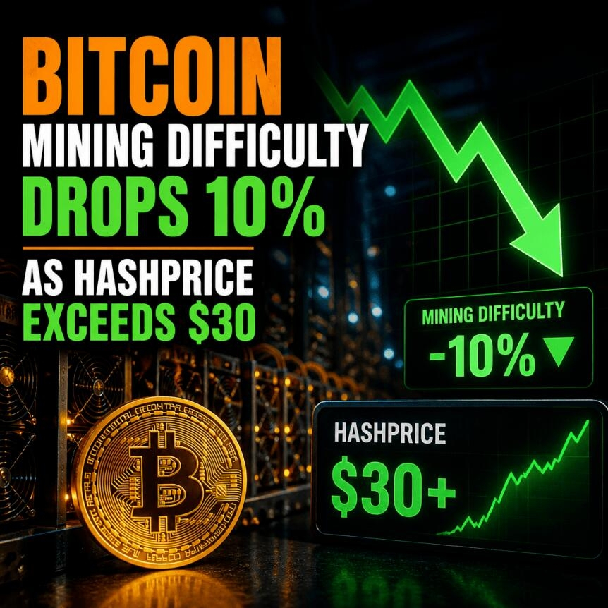 Bitcoin Mining Difficulty Drops 10% As Hashprice Exceeds $30