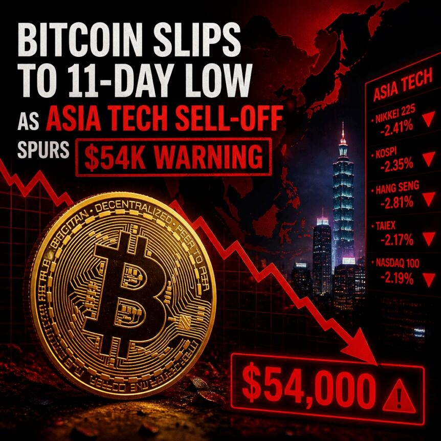 Bitcoin Slips To 11-Day Low As Asia Tech Sell-Off Spurs $54k Warning