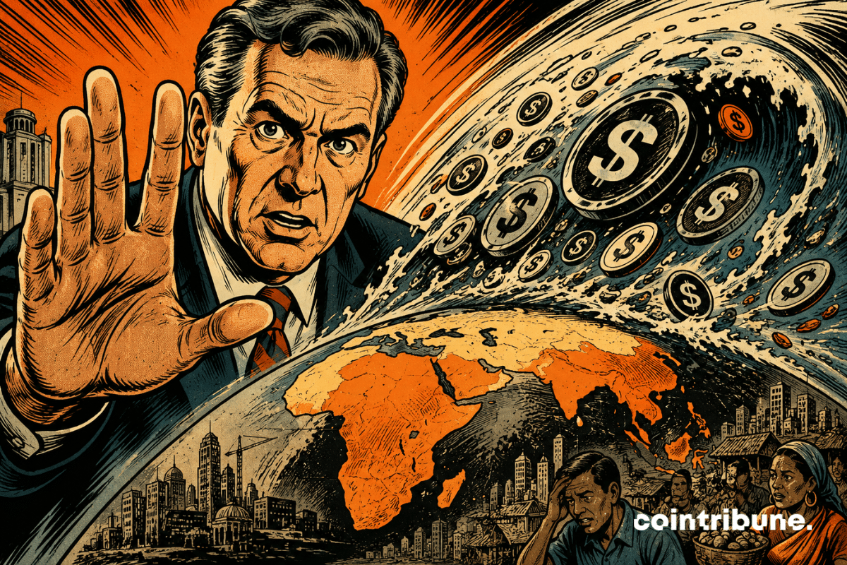 Illustration de la BRI alertant sur les Stablecoins et le risque de dollarisation des économies émergentes face à l’expansion du dollar numérique.