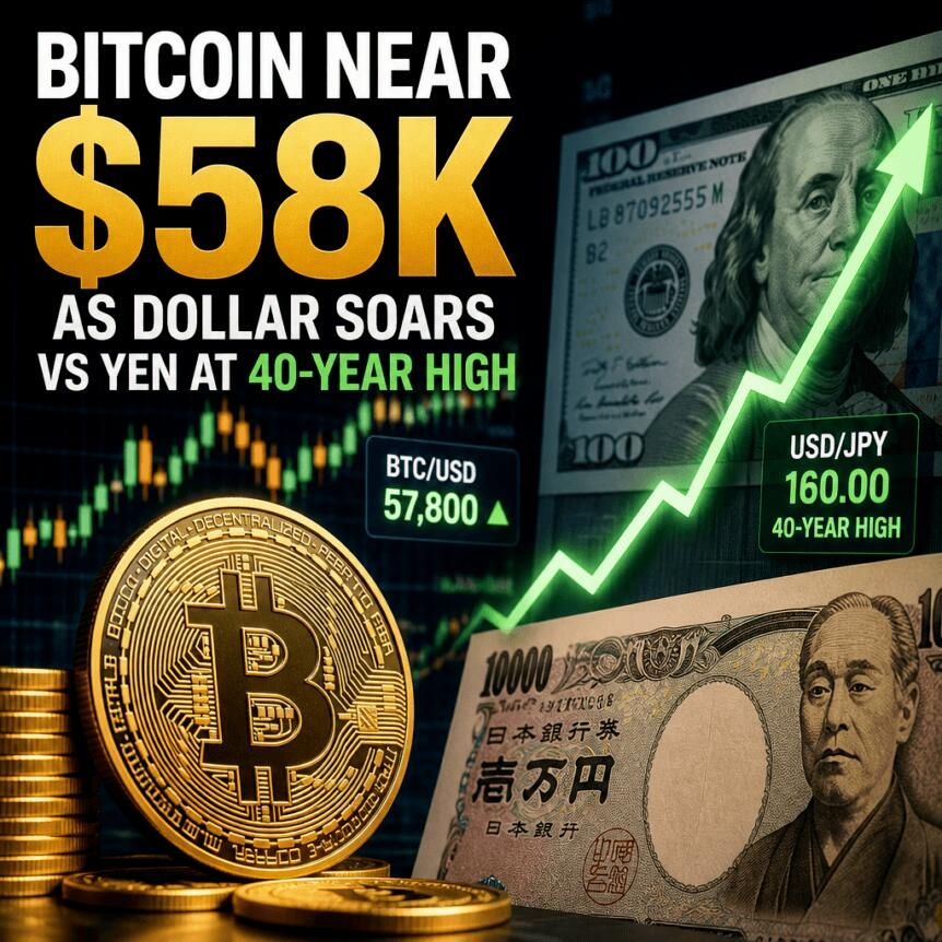 Bitcoin Near $58k As Dollar Soars Vs Yen At 40-Year High