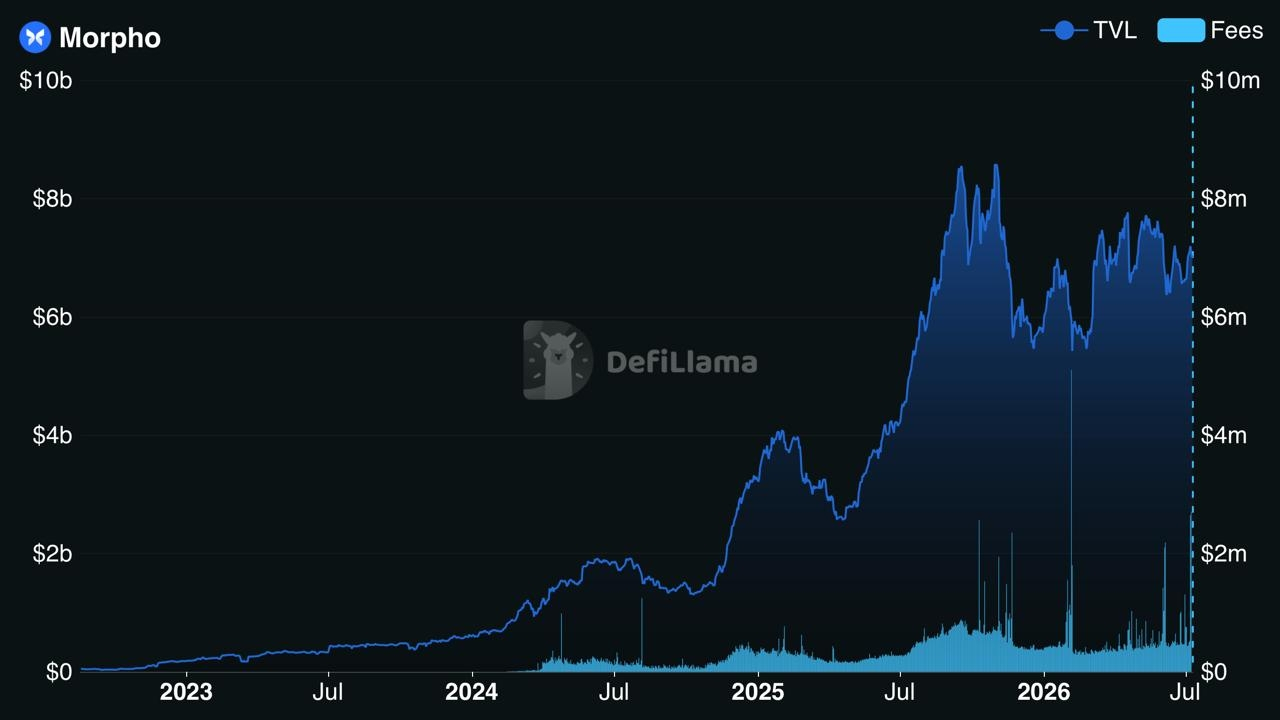 A DefiLlama chart showing the historical Total Value Locked (TVL) and fee trends for the Morpho protocol from early 2023 through mid-2026.