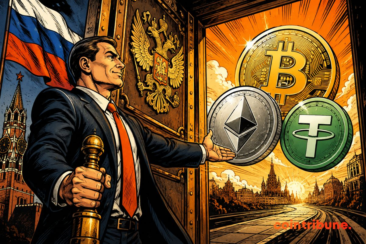 Illustration de la Russie ouvrant la porte à la crypto avec Bitcoin, Ethereum et USDT devant le paysage de Moscou. Illustration de la Russie ouvrant la porte à la crypto avec Bitcoin, Ethereum et USDT devant le paysage de Moscou.