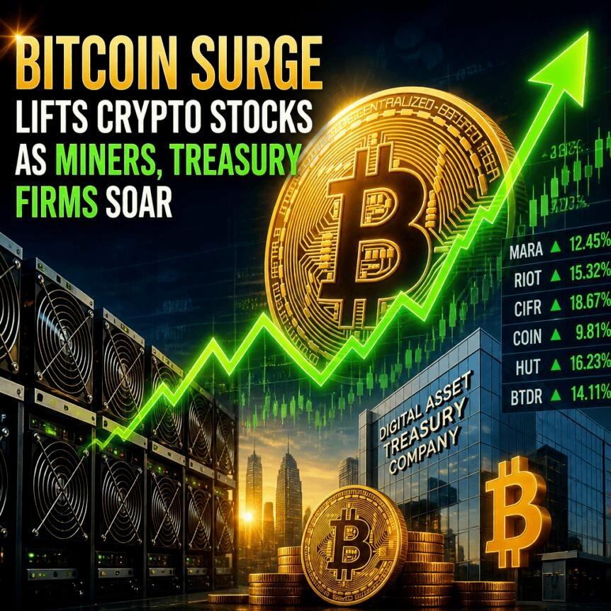 Bitcoin Surge Lifts Crypto Stocks As Miners, Treasury Firms Soar