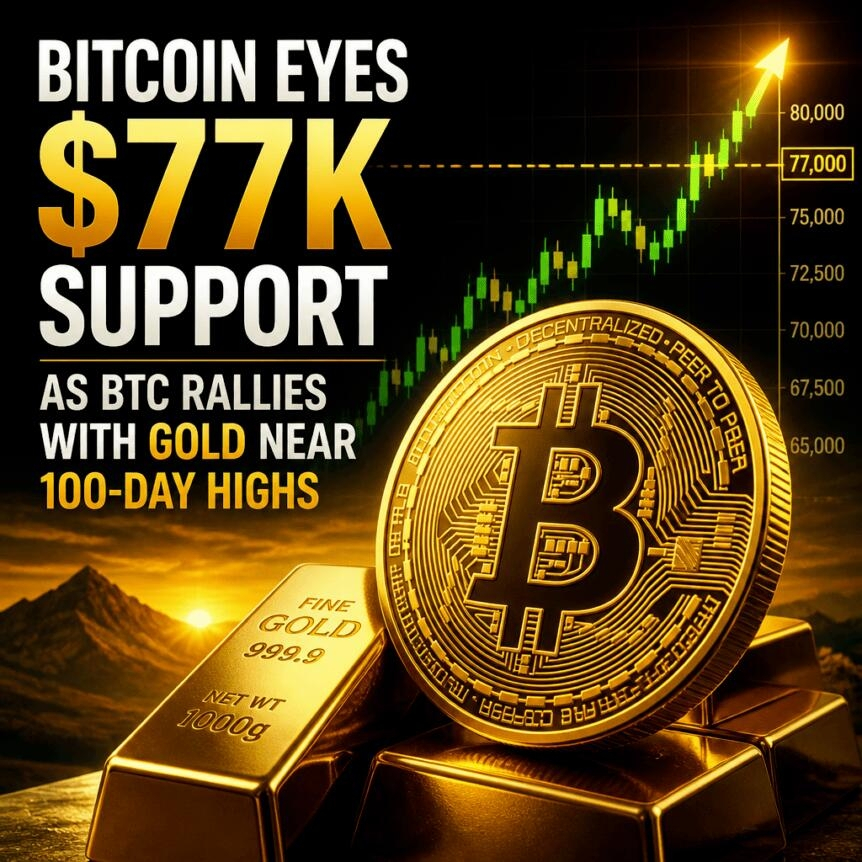 Bitcoin Eyes $77k Support As Btc Rallies With Gold Near 100-Day Highs