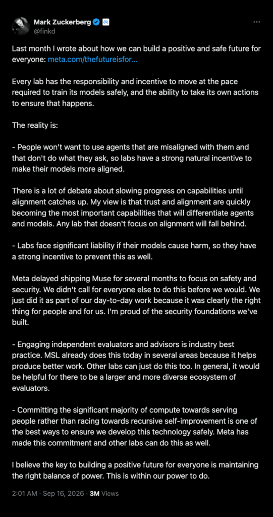 Zuckerberg says labs already have the incentive to build AI safely.