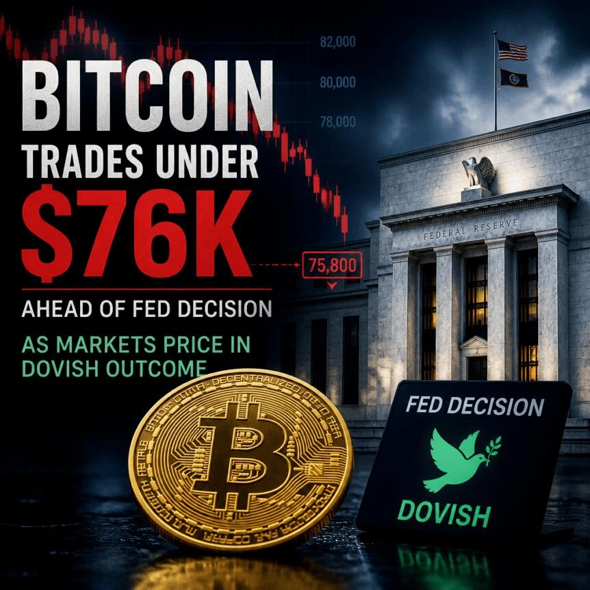 Bitcoin Trades Under $76k Ahead Of Fed Decision As Markets Price In
Dovish Outcome