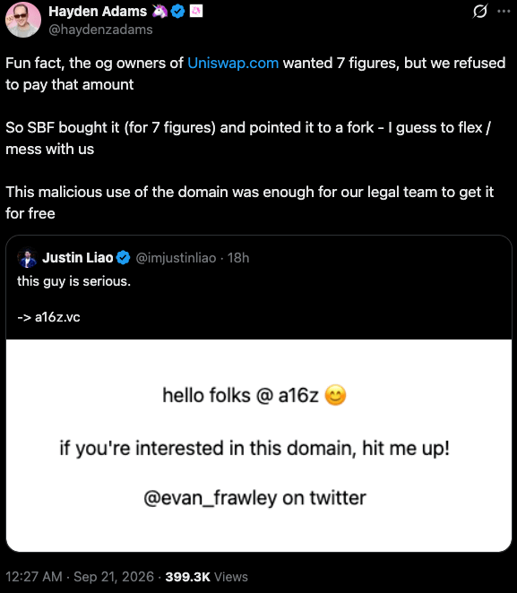 Hayden Adams says SBF paid seven figures for Uniswap.com, then lost it.