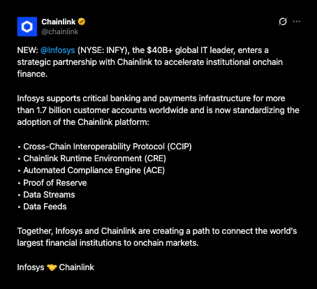 Infosys makes Chainlink its onchain standard for banking clients.