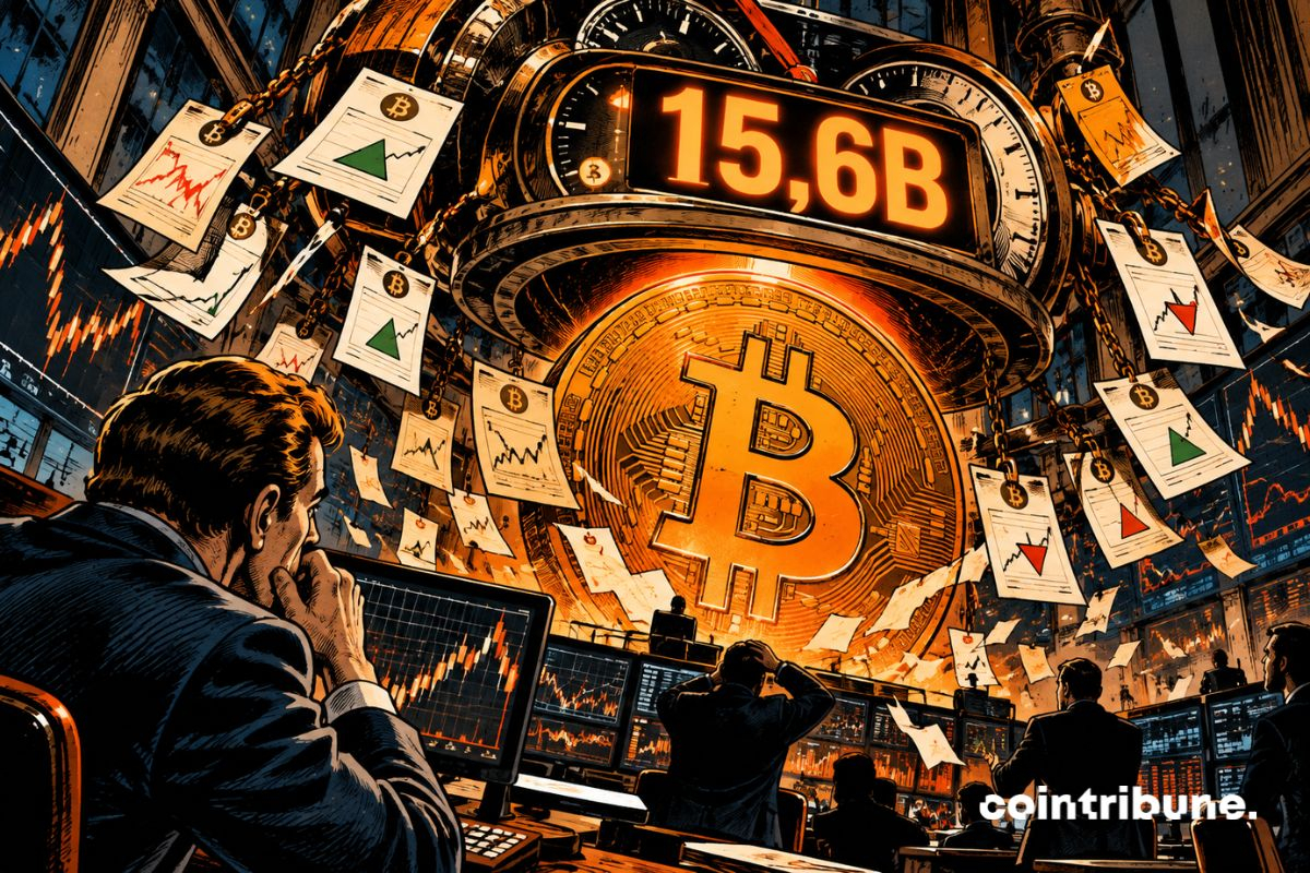 Un Bitcoin géant domine une salle de marché crypto sous un compteur affichant 15,6B, entouré de contrats d’options.