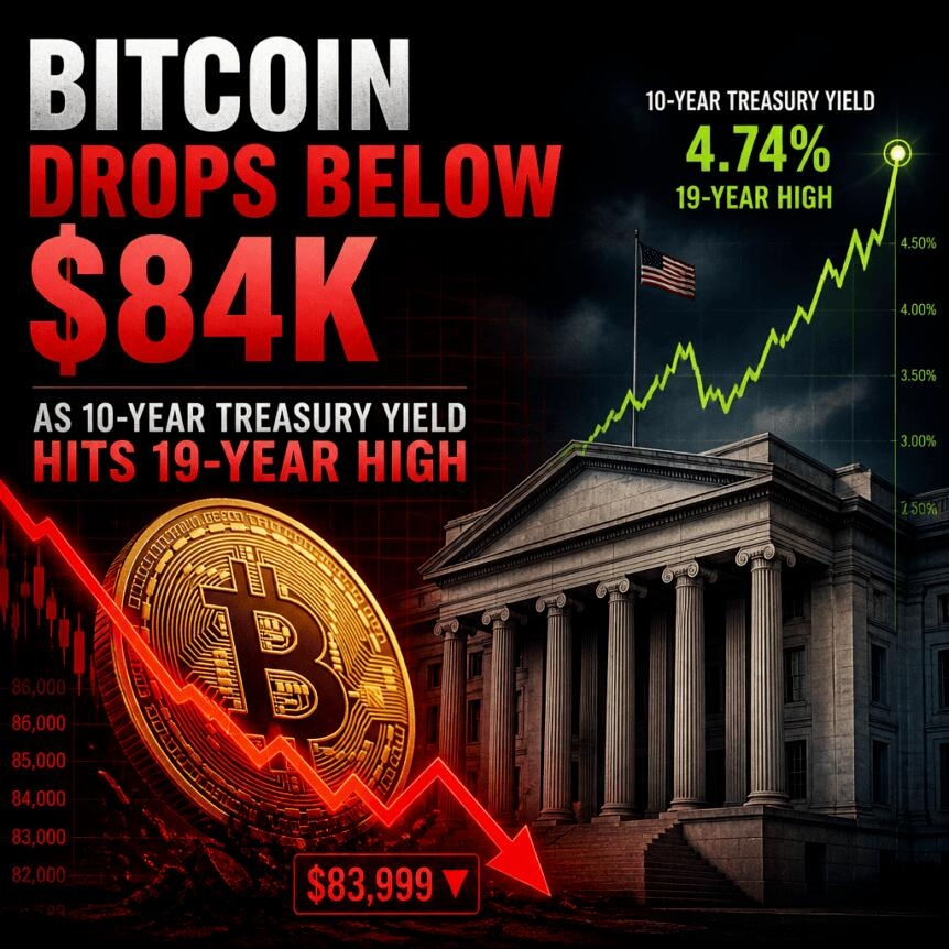 Bitcoin Drops Below $84k As 10-Year Treasury Yield Hits 19-Year High