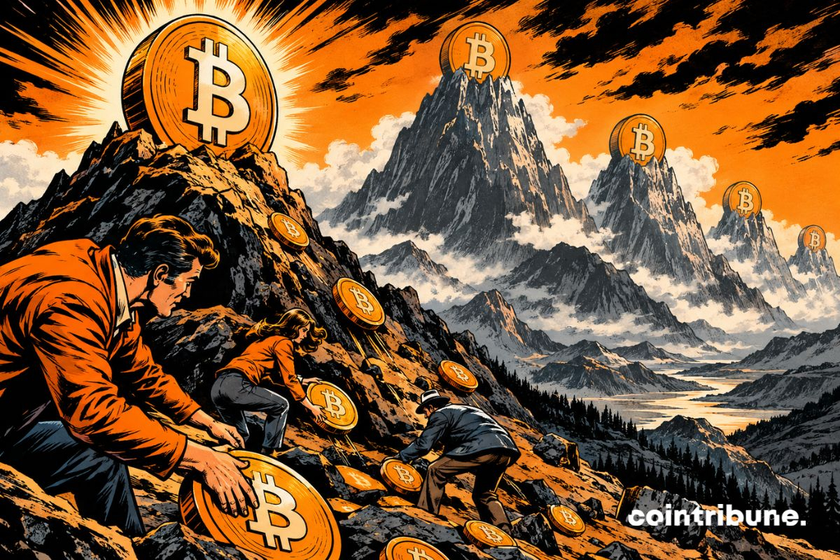 Illustration de plusieurs investisseurs gravissant une montagne couverte de pièces Bitcoin, symbolisant les prises de bénéfices.