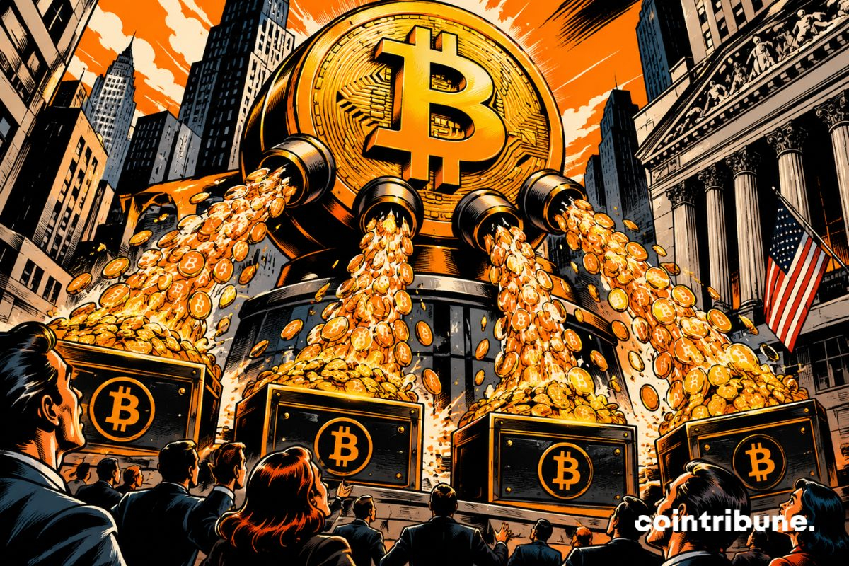 Illustration en style comic book du Bitcoin déversant des pièces devant des bâtiments financiers américains.