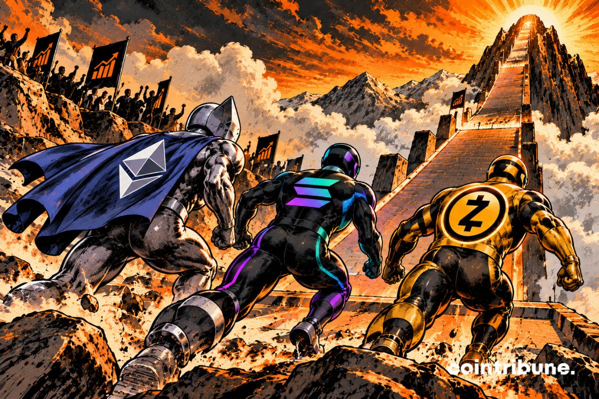 Trois personnages héroïques inspirés d’Ethereum, Solana et Zcash courent côte à côte sur une immense piste financière ascendante. Ethereum est représenté par un combattant métallique portant le symbole ETH comme bouclier, Solana par un coureur futuriste aux reflets violets et verts, et Zcash par un personnage doré associé à son symbole circulaire. Ils viennent de franchir une première pente spectaculaire et arrivent à toute vitesse sur une plateforme. Mais devant eux surgit soudain une nouvelle rampe beaucoup plus haute et plus raide, disparaissant dans les nuages. Les trois personnages regardent simultanément vers le sommet : déterminés, mais conscients de la difficulté.