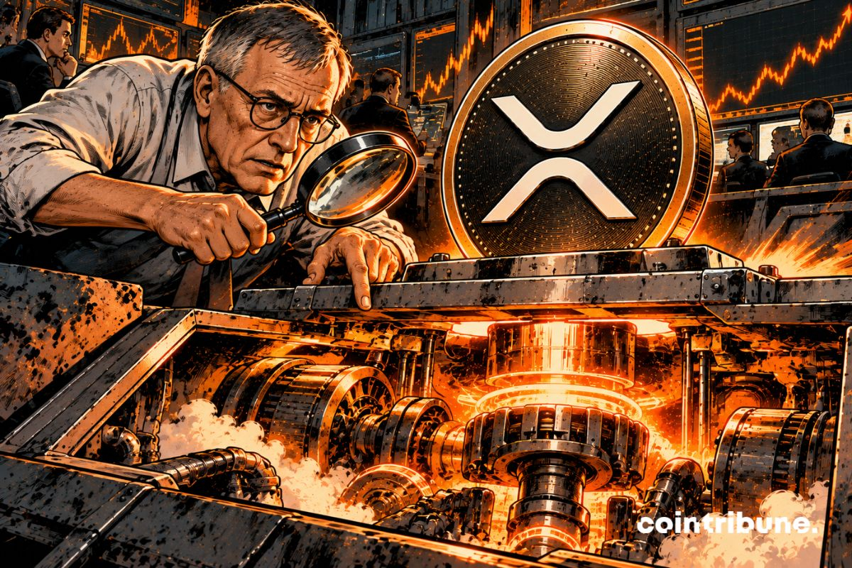 Peter Brandt est accroupi au premier plan dans une salle de marché industrielle. Il examine avec une loupe une imposante pièce XRP posée sur une plateforme métallique. En apparence, XRP reste totalement immobile. Mais Brandt vient d’ouvrir une petite trappe sous la plateforme et découvre avec stupéfaction un gigantesque moteur orange, composé de turbines, pistons et engrenages, qui descend profondément sous le sol. Le moteur commence seulement à s’allumer : quelques turbines tournent déjà et une puissante lumière orange remonte à travers les fissures. Brandt pointe le mécanisme avec une expression mêlant concentration et conviction, tandis que plusieurs traders derrière lui ne voient encore que le XRP immobile.