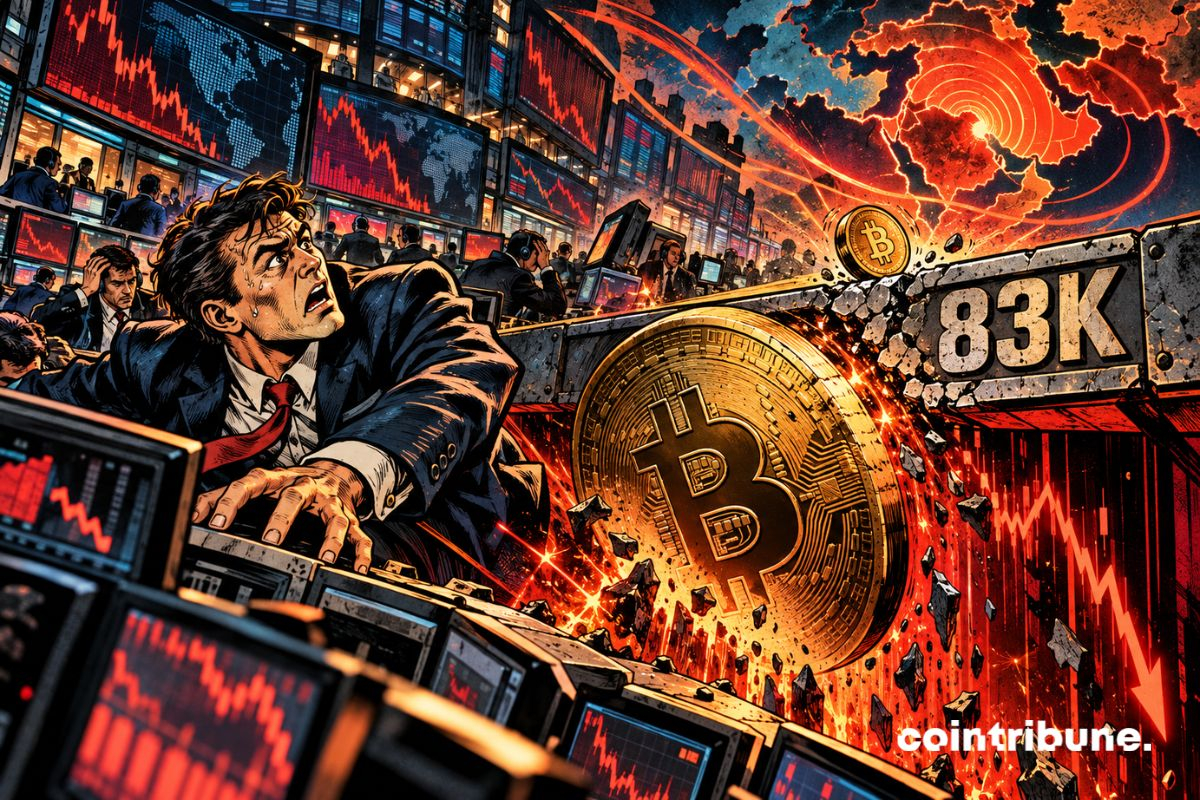Un Bitcoin chute sous le seuil des 83K dans une salle de marché crypto secouée par les tensions géopolitiques.