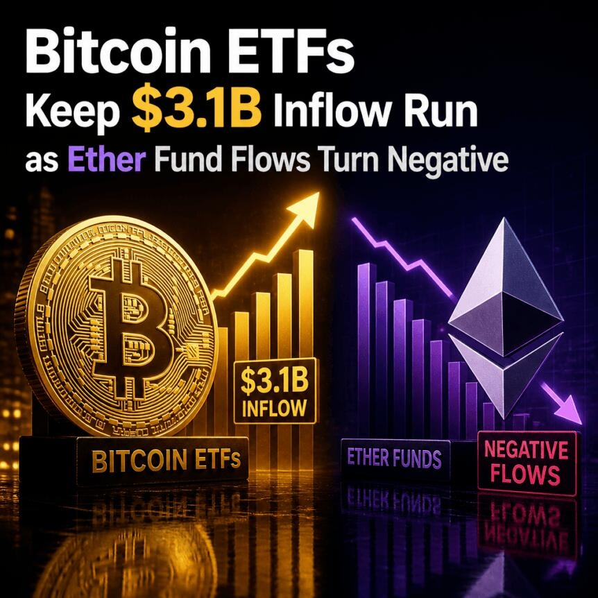Bitcoin Etfs Keep $3.1b Inflow Run As Ether Fund Flows Turn Negative