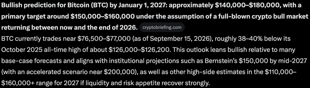 BTC USD price prediction: Grok AI predicts that in the event of full-blown bull market conditions in Q4, Bitcoin could hit $180,000 by 2027