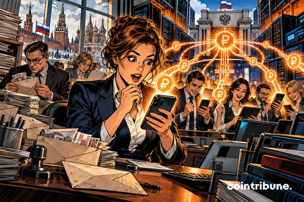 Des fonctionnaires reçoivent des roubles numériques sur leurs smartphones dans une administration russe.