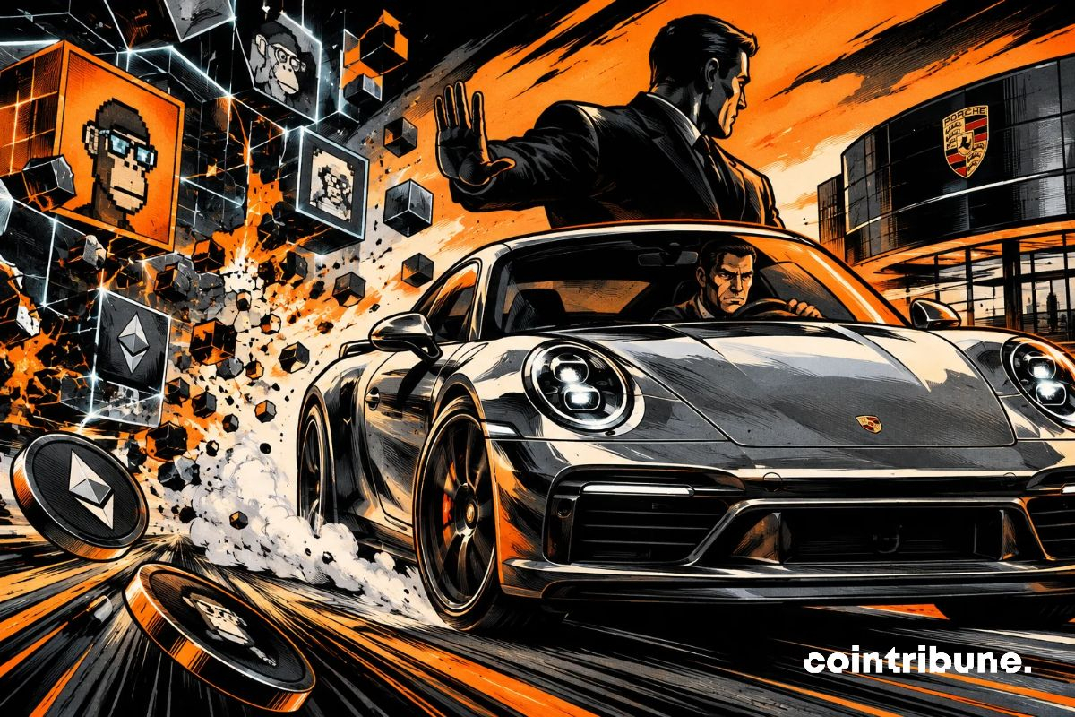 NFT : une Porsche 911 s’échappe à grande vitesse d’un univers Web3 en ruine, tandis que des fragments numériques explosent derrière elle.