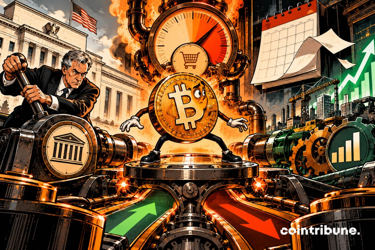 Une imposante pièce Bitcoin personnifiée se tient sur une plateforme circulaire métallique, au centre d’une immense salle de contrôle économique. Autour d’elle, trois énormes mécanismes exercent simultanément une pression. À gauche, un banquier central américain dans un décor évoquant la Réserve fédérale tient un gigantesque levier relié à la plateforme Bitcoin. Au-dessus, une énorme jauge d’inflation sans chiffre ni texte chauffe dangereusement, alimentée par des conduites orange et des flammes. À droite, une gigantesque machine représentant la croissance économique — usines, grues, engrenages et flux commerciaux — entraîne une autre partie du mécanisme. Bitcoin regarde successivement les trois forces, posture tendue, comme s’il attendait de savoir laquelle déterminera sa direction.