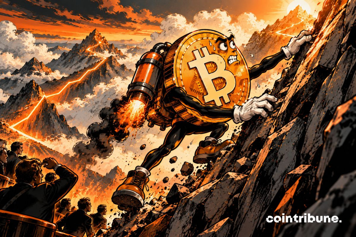 Un Bitcoin personnifié occupe les deux tiers de l’image, agrippé à une gigantesque rampe financière ascendante. Derrière lui, la première partie de la route monte franchement et reste éclairée en orange, montrant la hausse déjà accomplie. Mais devant lui, la pente se redresse brutalement jusqu’à devenir presque verticale. Bitcoin tente de continuer : corps penché vers l’avant, visage crispé, jambes sous tension. Son pied glisse légèrement tandis qu’une main cherche une nouvelle prise.