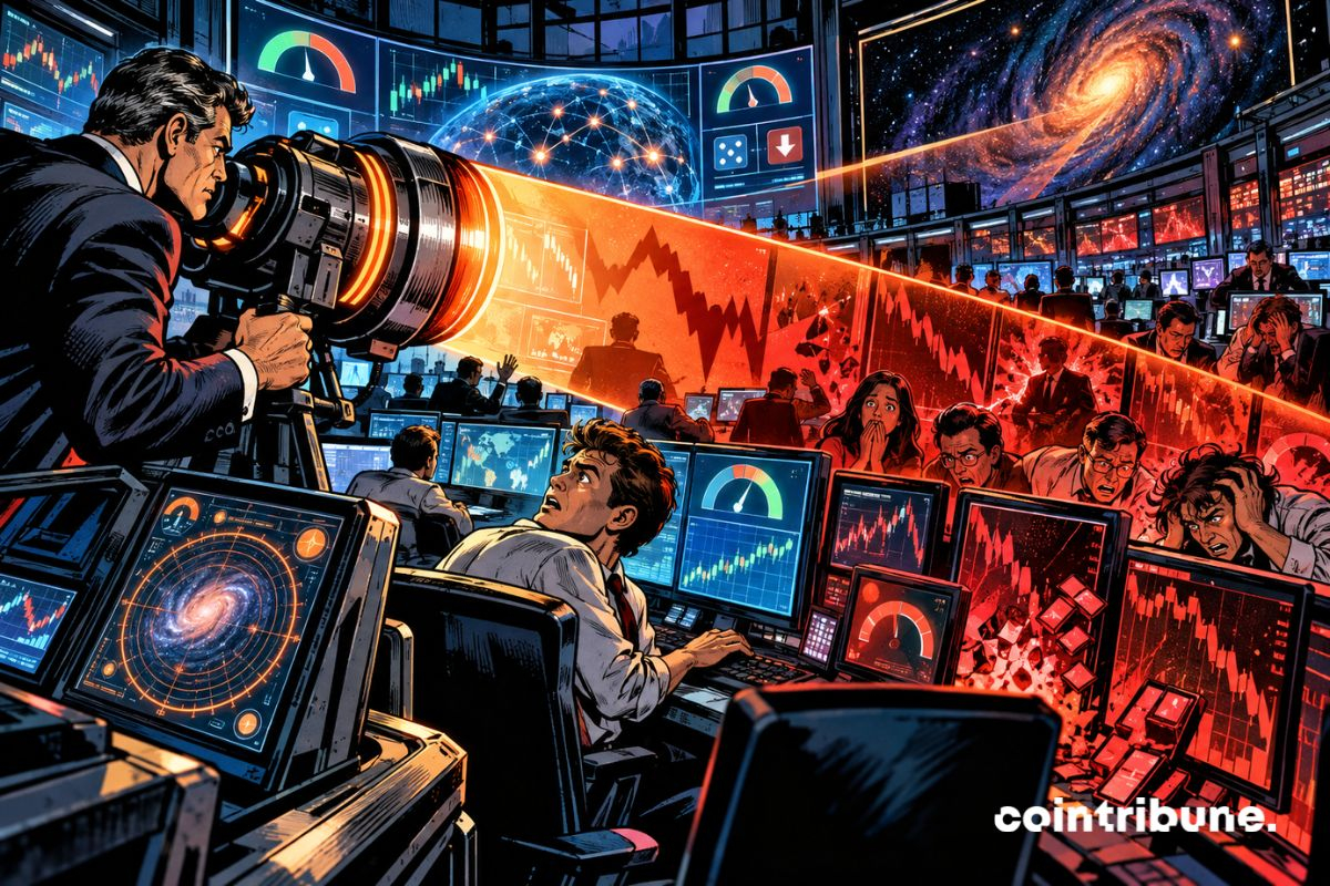 Un scanner financier révèle des pertes rouges sur les écrans de traders crypto spécialisés dans les marchés prédictifs.