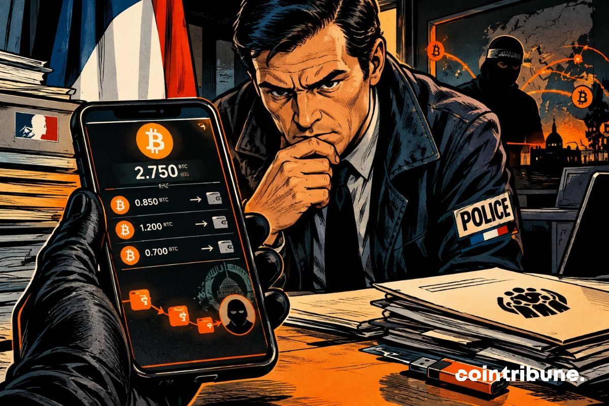 Une enquête française dévoile un réseau crypto clandestin, reliant des transactions suspectes à des silhouettes radicales dans une atmosphère inquiétante.