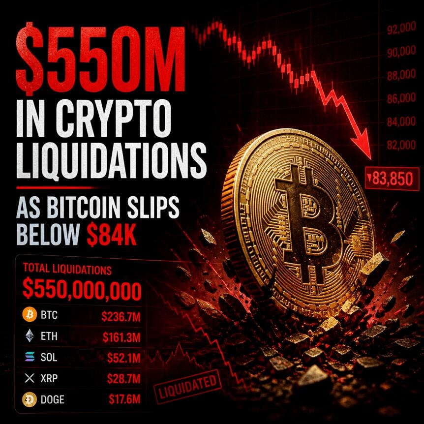 $550m In Crypto Liquidations As Bitcoin Slips Below $84k