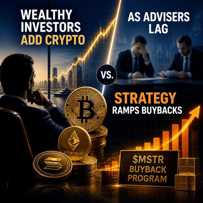 Wealthy Investors Add Crypto As Advisers Lag; Strategy Ramps Buybacks