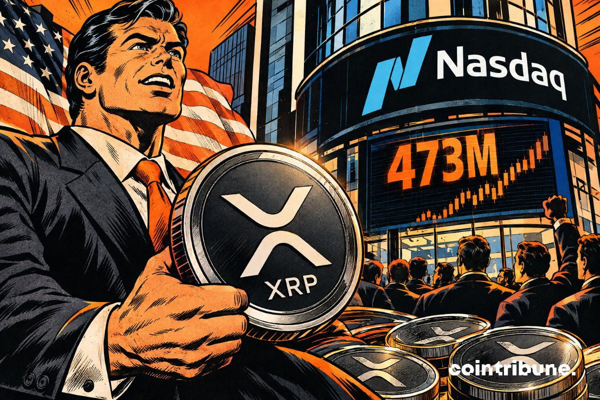 Un homme dâaffaires dĂŠterminĂŠ brandit un jeton XRP gĂŠant devant le Nasdaq, entourĂŠ de pièces, drapeau amĂŠricain et graphiques orange ascendants.