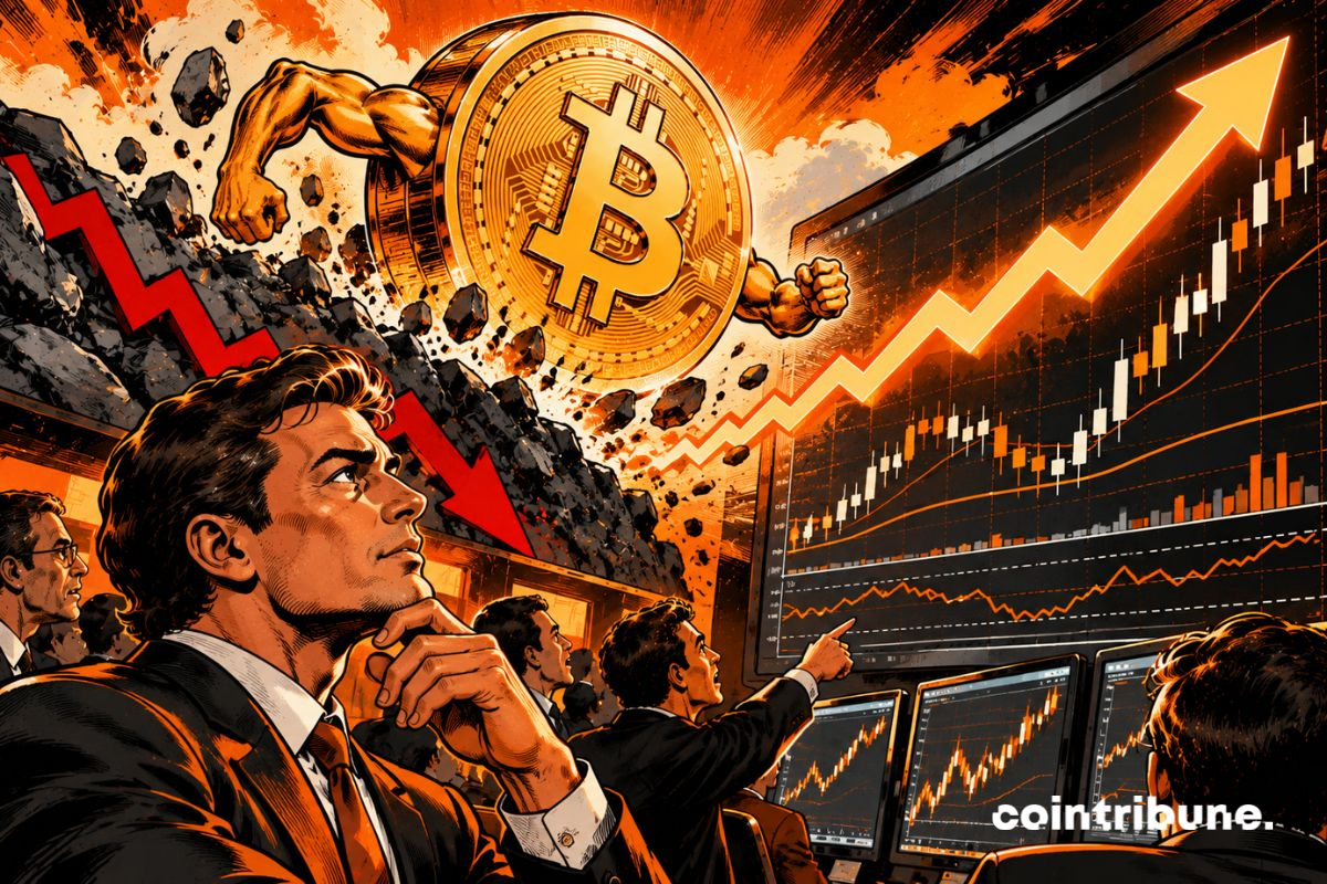 La scène illustre les signaux haussiers identifiés par BloFin malgré la récente correction du Bitcoin. À gauche, la flèche rouge descendante et les rochers brisés symbolisent la chute récente du marché. Au centre, un Bitcoin personnifié, puissant et déterminé, surgit des décombres, incarnant la possibilité d’un rebond. À droite, les graphiques financiers et la grande flèche orange ascendante représentent les indicateurs techniques encourageants relevés par BloFin. Les analystes observent attentivement ces signaux, partagés entre prudence et optimisme. Le message central : malgré les turbulences, Bitcoin conserve un potentiel haussier, sans garantie de reprise immédiate.