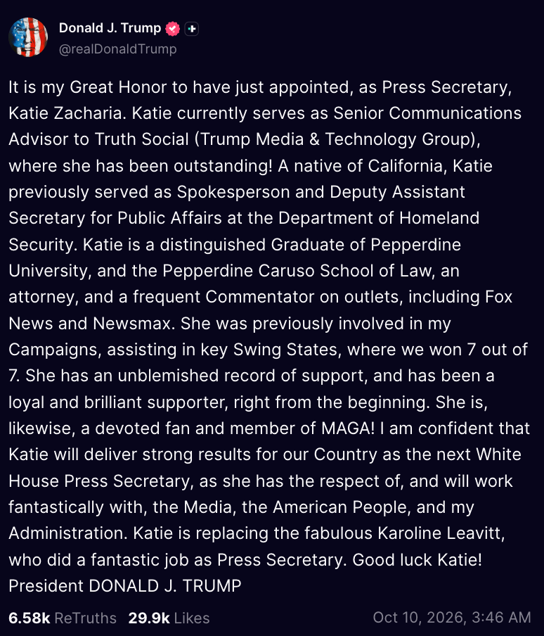 川普（Donald Trump）隨後透過 Truth Social 確認 Zacharia 將接任白宮新聞秘書