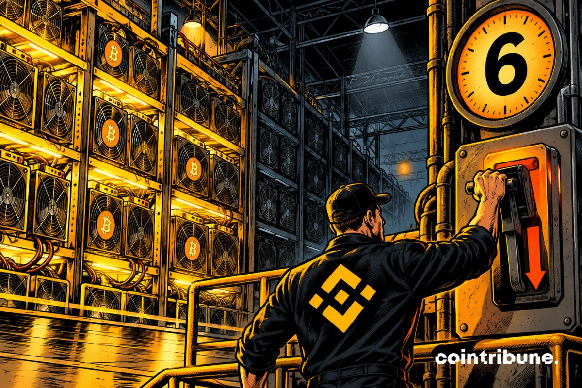 Un technicien coupe une ferme de minage crypto tandis qu’un cadran affiche 6 et que les machines s’éteignent.