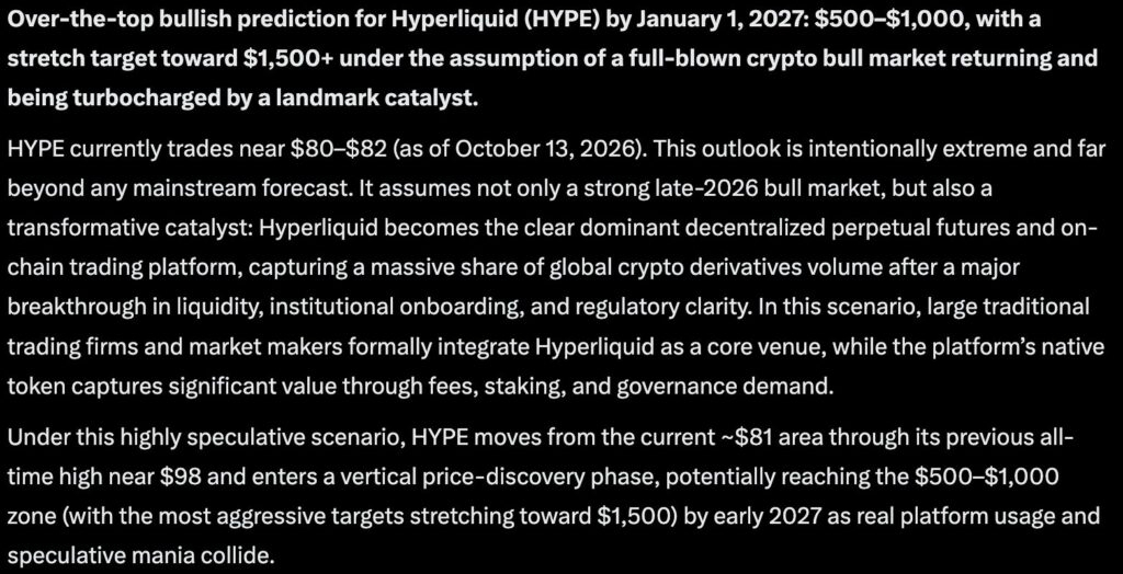 Elon Musk's Grok AI predicts that in the event of a full-blown bull market in Q4, HYPE could hit $1,500, a near 20x run from current prices