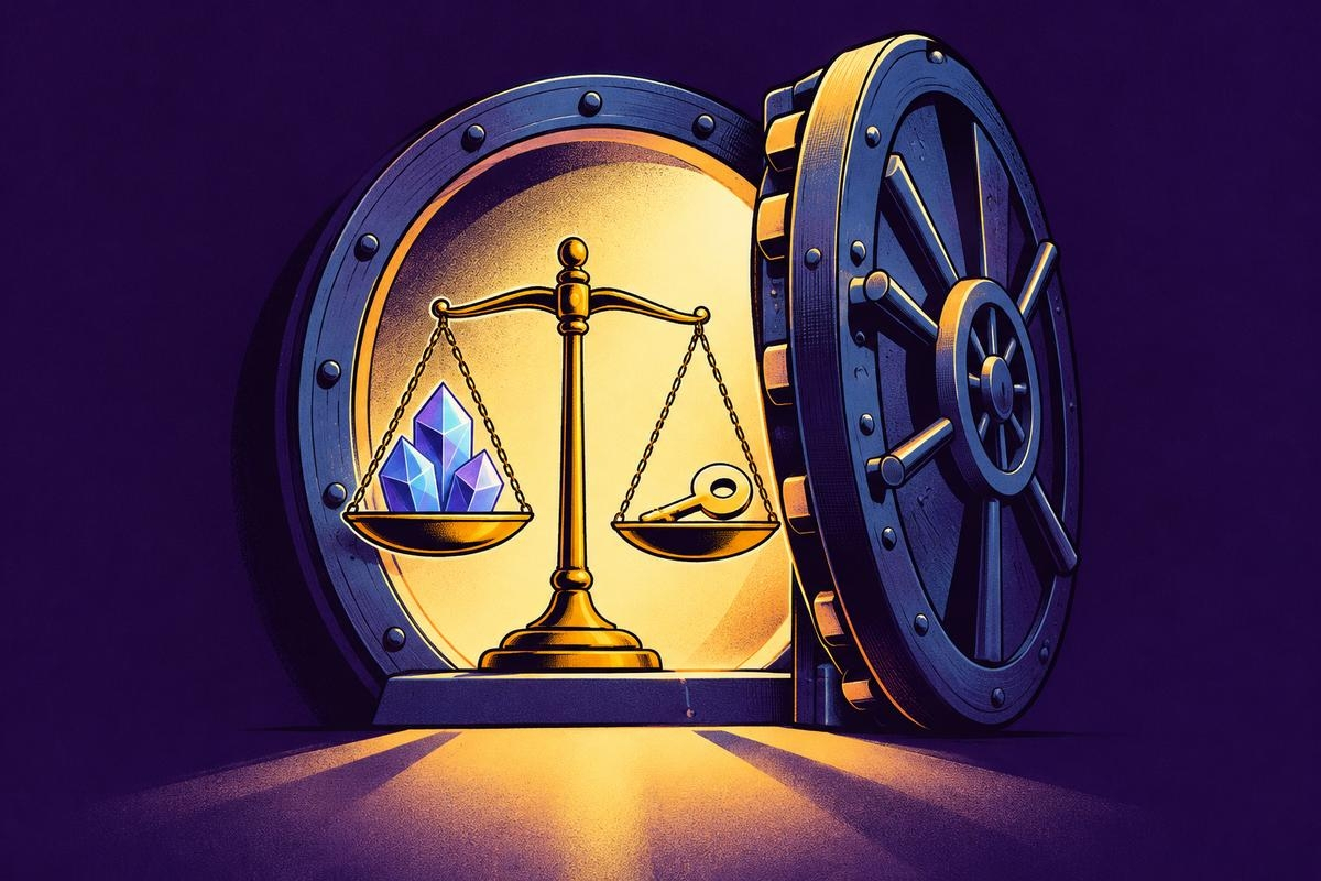 Abstract illustration of an open vault with a balance scale weighing crypto collateral against a borrowed amount