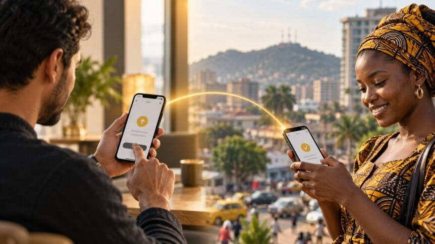 AI-generated editorial illustration: African mobile-wallet remittances