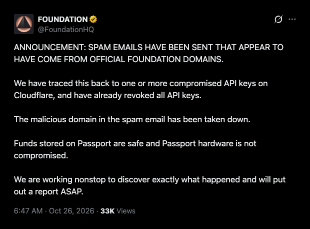 Leaked Cloudflare keys let scammers email from Foundation's domain.
