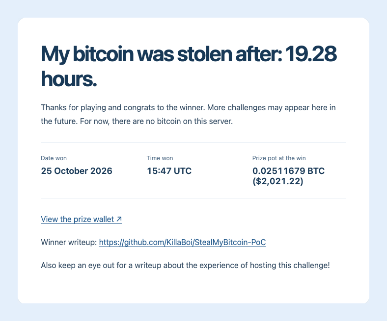 Hacker wins $2,000 Bitcoin PHP challenge in 19 hours.