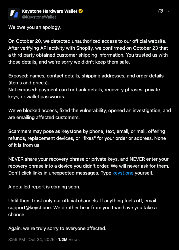 Hackers took Keystone buyers' addresses from its Shopify store.