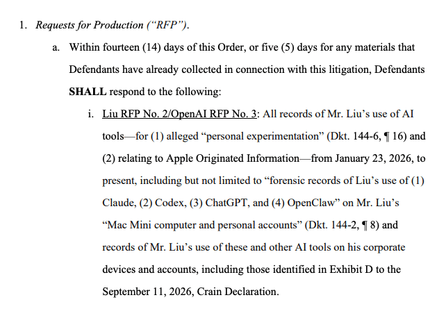 Judge orders ex-Apple engineer's ChatGPT and Claude records handed over.
