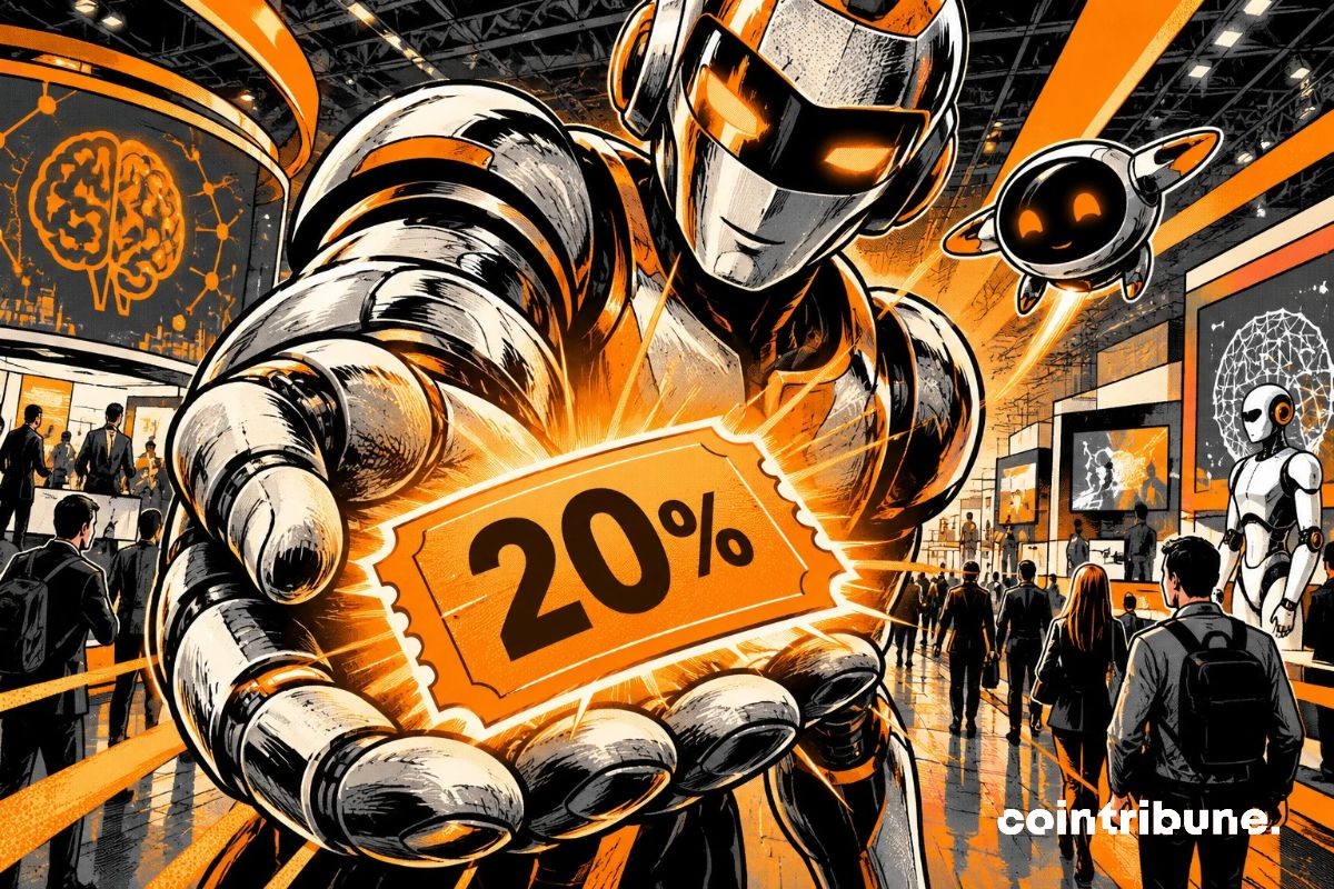 Illustration d’un robot tendant un ticket orange de réduction de 20 % dans un salon consacré à l’intelligence artificielle