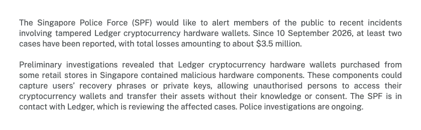 Ledger wallets sold in Singapore stores carried malicious hardware, police say.
