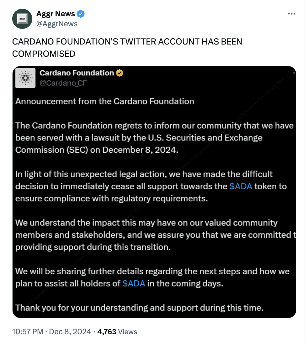 Cardano 基金会推特疑遭黑客攻击发布虚假消息| Binance News发布于币安广场