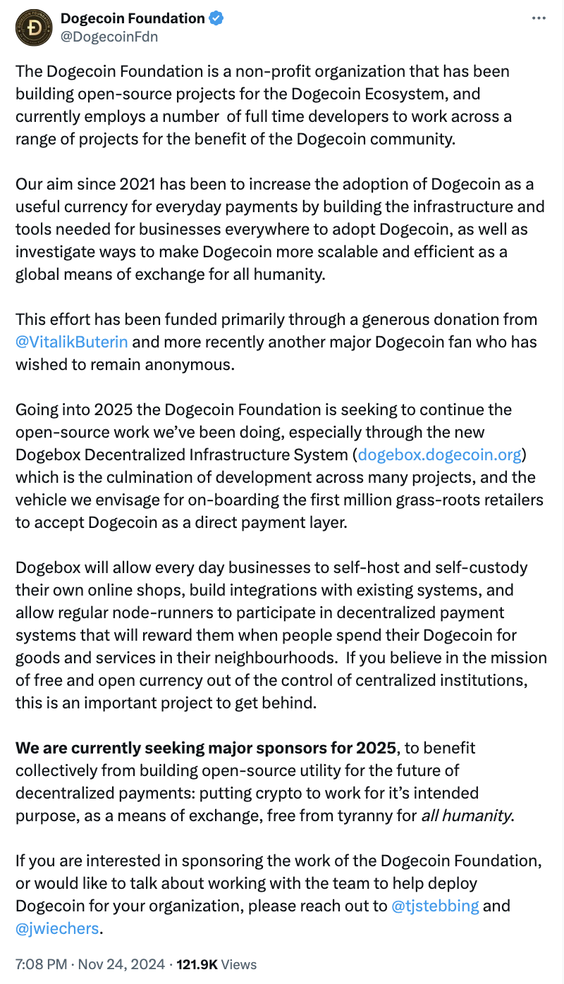 Dogecoin Foundation: En 2025 impulsará a un millón de minoristas de base a  aceptar pagos en Dogecoin a través de Dogebox | Binance News en Binance  Square