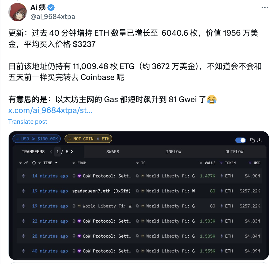 特朗普家族加密项目WLFI增持6040.6枚ETH | Binance News发布于币安广场