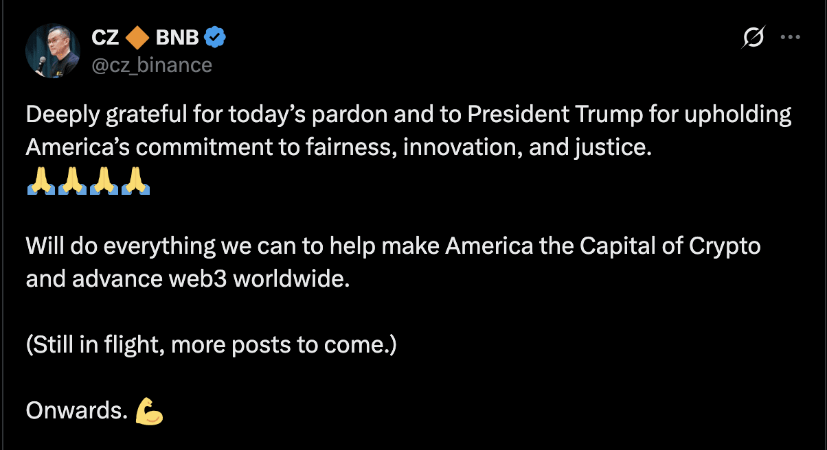 CZ：非常感谢今天的特赦，将竭力帮助美国成为加密货币之都| Binance News发布于币安广场