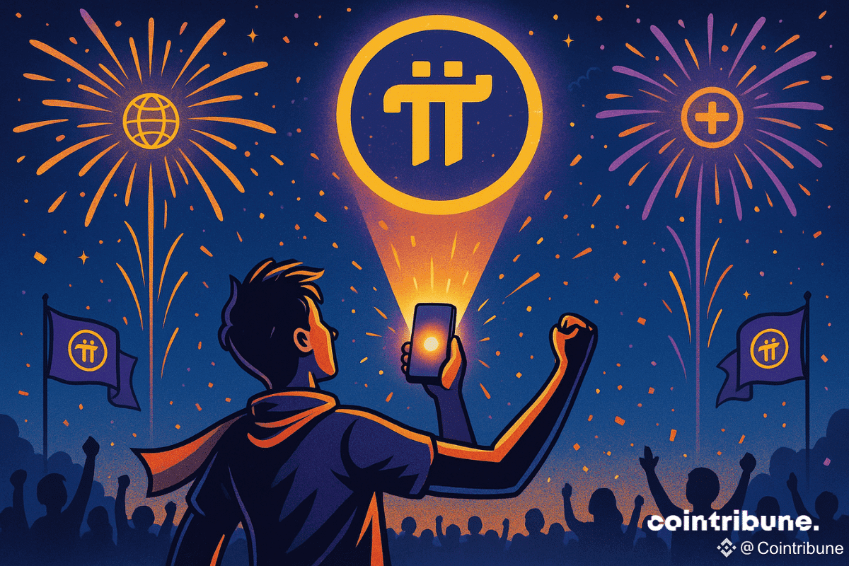 Un investisseur crypto vu de trois-quarts dos, bras levé, tenant un smartphone lumineux pointé vers le ciel nocturne. Le logo Pi Network (π doré stylisé dans un cercle violet) est projeté en hologramme géant au-dessus de lui, flottant dans le ciel comme un emblème sacré.