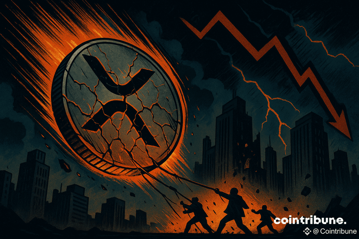 Le logo de la crypto XRP, fissuré et incandescent, semble pris dans une chute incontrôlée. Il est incliné vers l’avant, comme si la gravité l’écrasait, avec des traînées rouges et orange soulignant la vitesse.