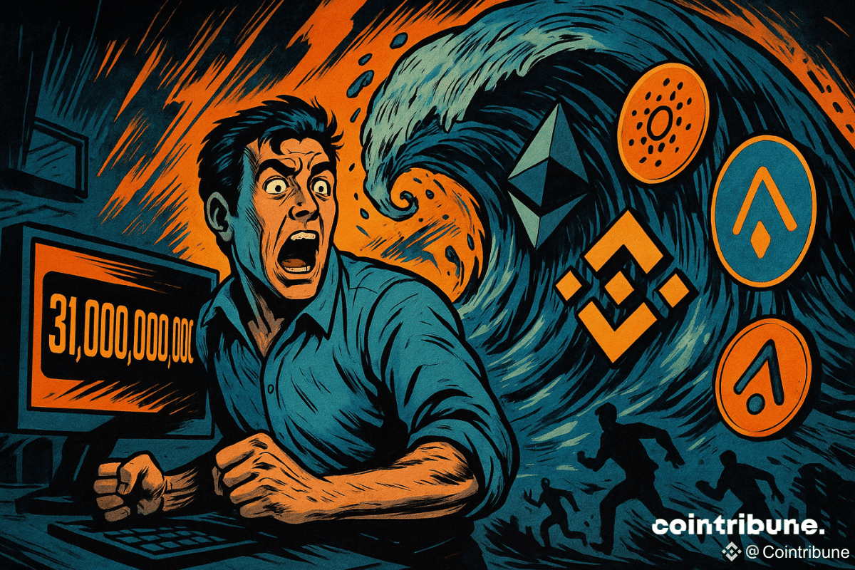 Un trader paniqué fait face à un raz-de-marée d'altcoins fonçant sur lui, tandis qu’un écran affiche “31 000 000 000”. L’explosion visuelle évoque une ruée crypto imminente.