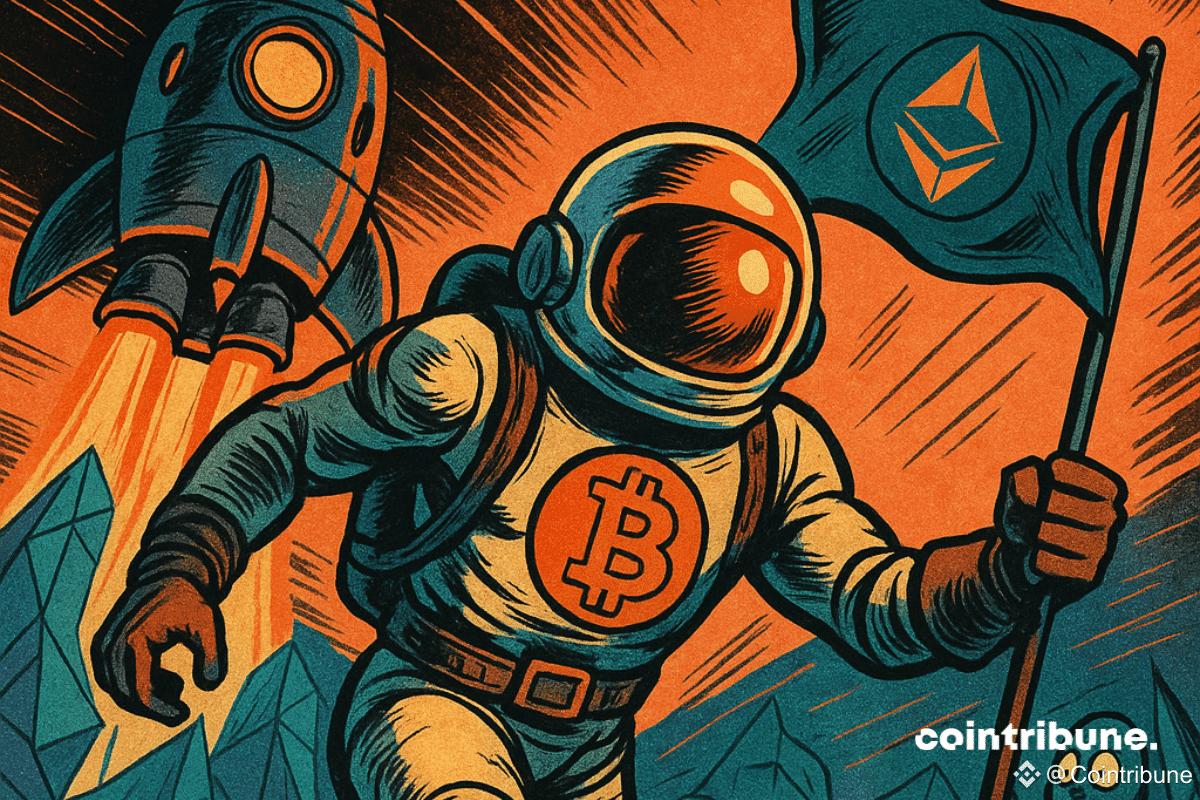 Un astronaute héroïque représentant Bitcoin descend d’un vaisseau spatial rétro-futuriste.